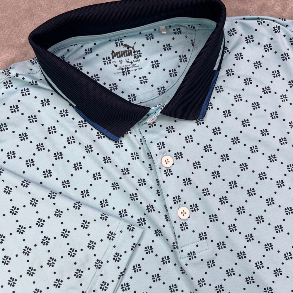 Puma MATTR Rochester Golf Polo Shirt Men Large Blue Geometric Floral Dot Stretch